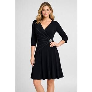 Vintage Tadashi Made in USA black stretch Jersey Fit & Flare Embellished Dress 8